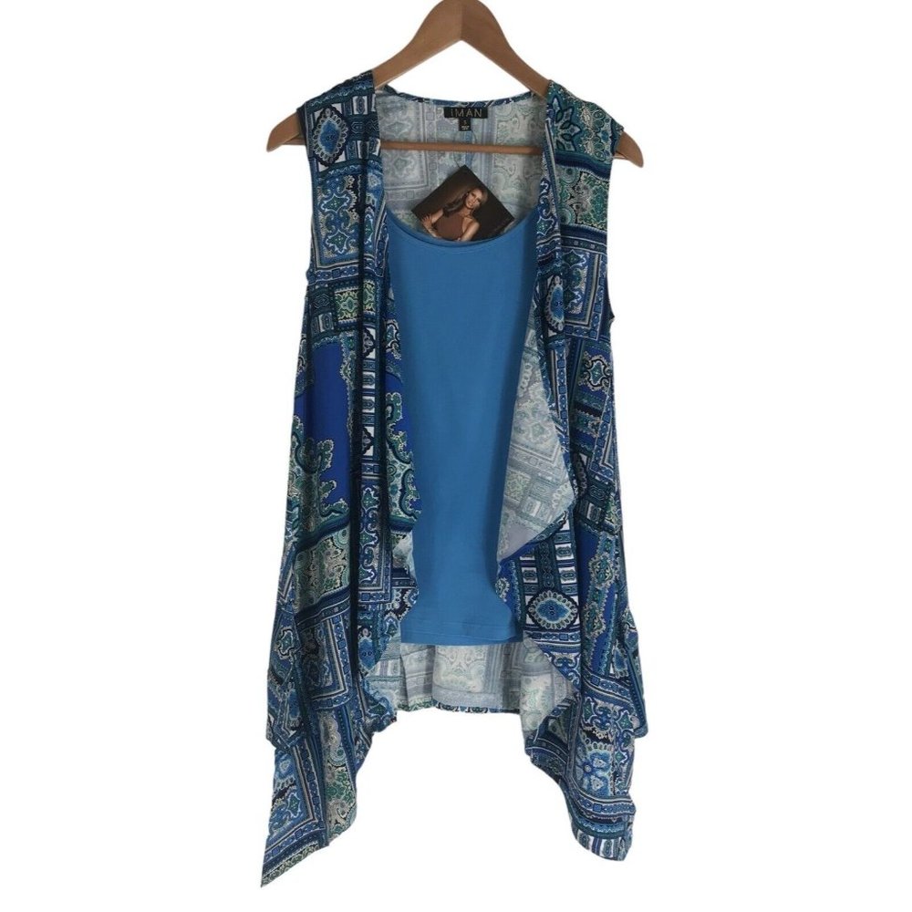 IMAN Tank top Womens Size Small Open‎ Front Blue Green Moroccan NEW